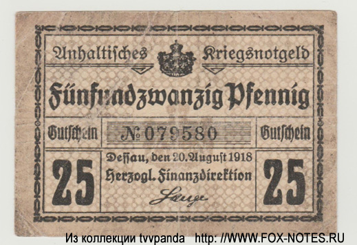 Herzogliche Finanzdirektion, Dessau Kriegsnotgeld. 25 Pfennig 1918