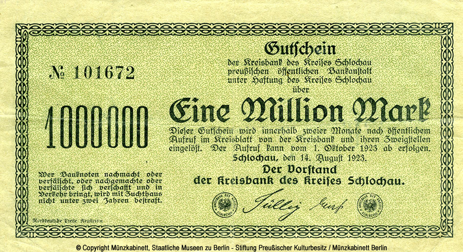 Kreisbank des Kreises Schlochau 1 Million Mark 1923