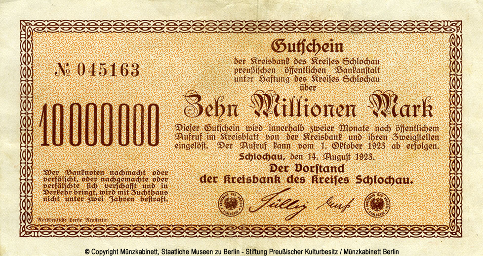Kreisbank des Kreises Schlochau 10 Millionen Mark 1923