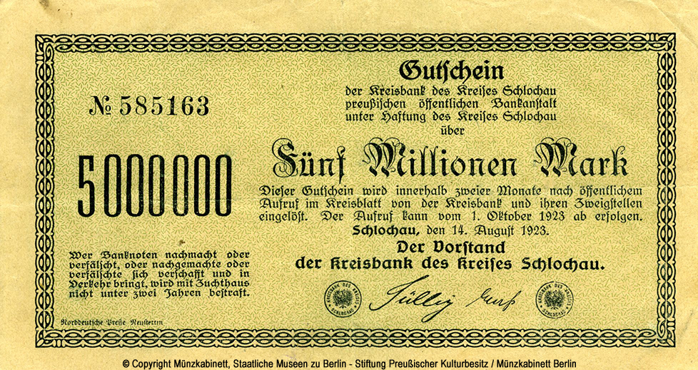 Kreisbank des Kreises Schlochau 5 Millionen Mark 1923