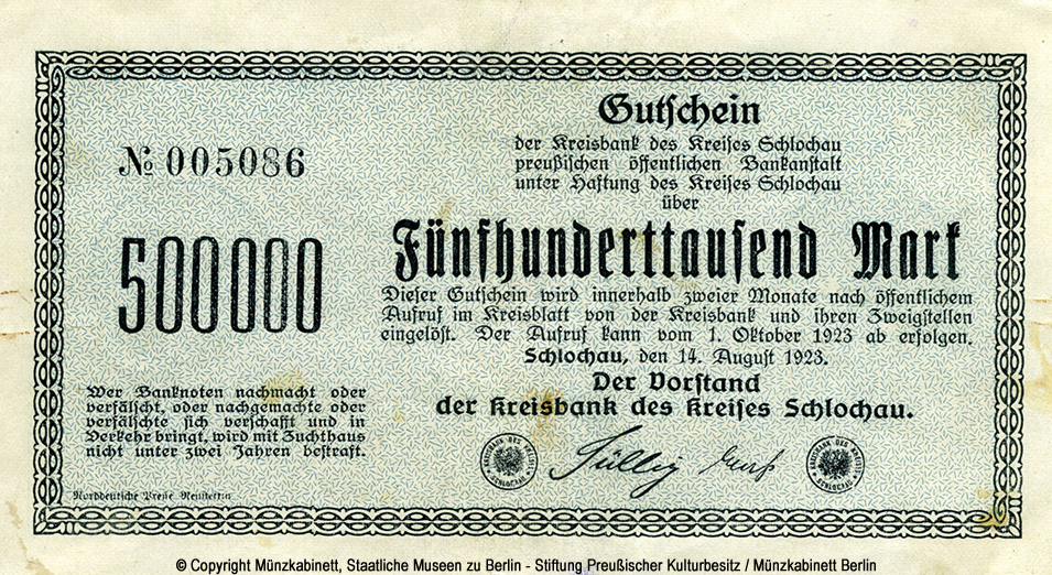 Kreisbank des Kreises Schlochau 500000 Mark 1923