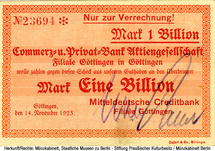 Mitteldeutsche Creditbank Filiale Göttingen 1 Billion Mark 1923