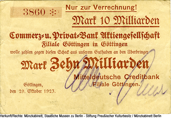 Mitteldeutsche Creditbank Filiale Göttingen 10 Milliarden Mark 1923