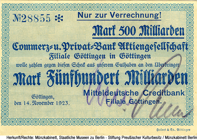 Mitteldeutsche Creditbank Filiale Göttingen 500 Milliarden Mark 1923