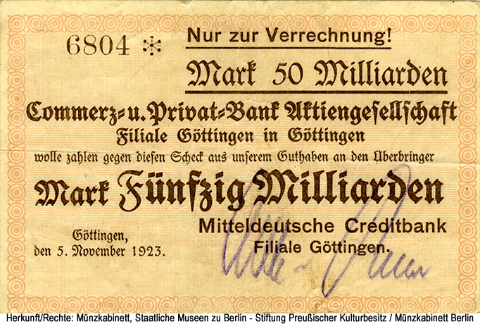 Mitteldeutsche Creditbank Filiale Göttingen 50 Milliarden Mark 1923