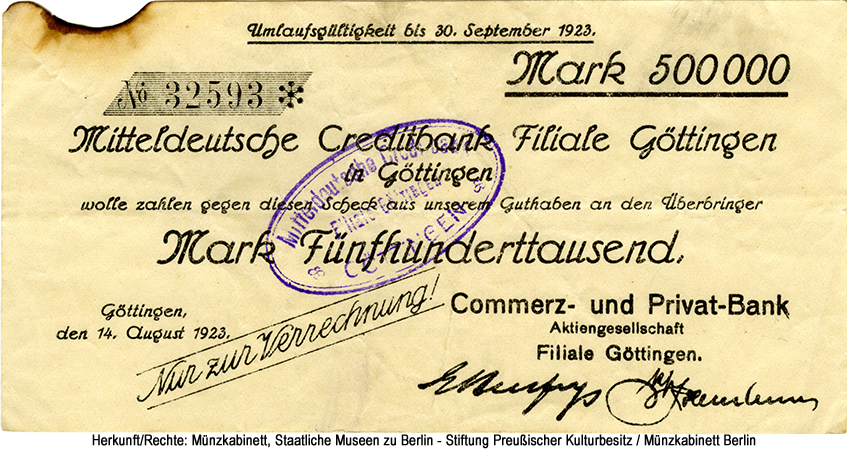 Mitteldeutsche Creditbank Filiale Göttingen 500.000 Mark 1923