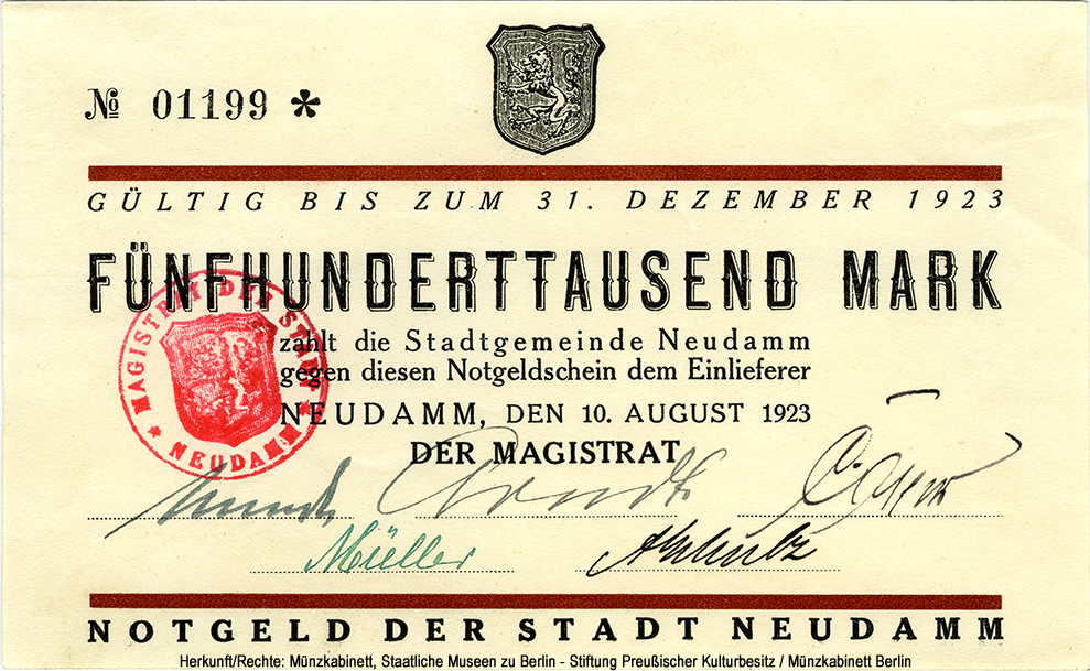 Notgeldschein. 500000 Mark. NEUDAMM, DEN 10. AUGUST 1923. GÜLTIG BIS ZUM 31. DEZEMBER 1923.