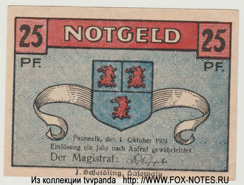 Stadt Pasewalk Notgeld. 25 pfennig 1921.