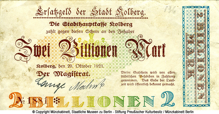 Ersatzgeld der Stadt Kolberg. Kolberg, den 20. Oktober 1923. 2 Billionen Mark.