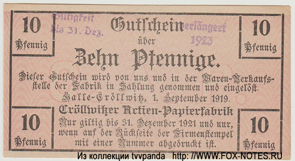 Cröllwitzer Aktien-Papierfabrik 10 Pfennig 1919