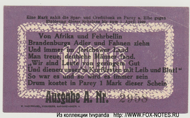 Spar- und Creditbank au Parey 1 Mark 1921.