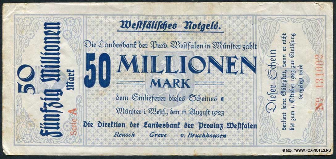 Landesbank der Provinz Westfalen, Münster 50 Millionen Mark 1923