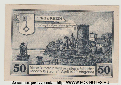 Gutschein der Stad Rees. 50 Pfennig 1920.