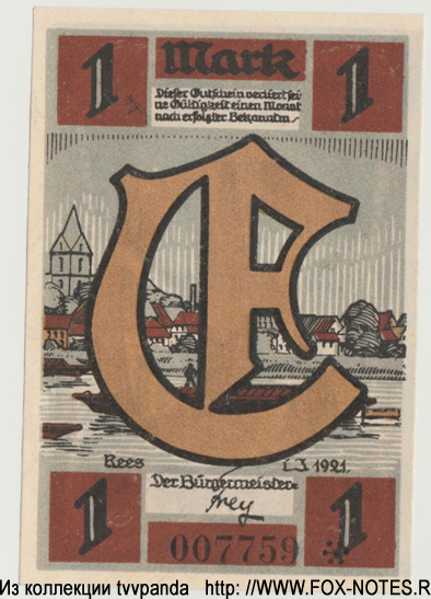Gutschein der Stad Rees. 1 mark 1921.