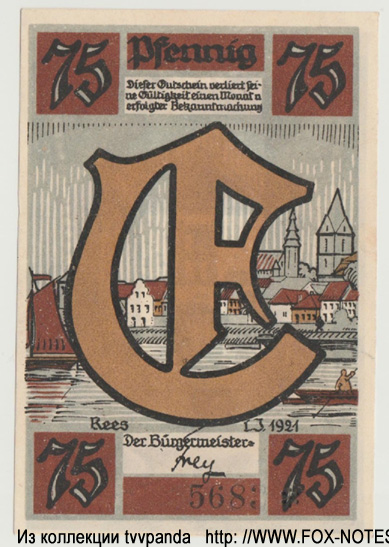 Gutschein der Stad Rees. 75 Pfennig 1921.