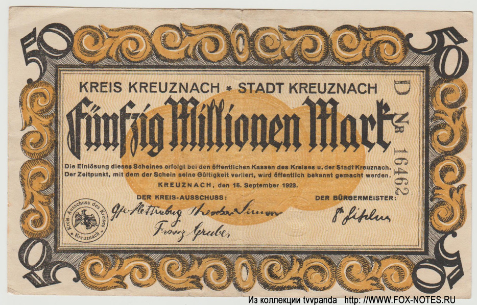 Kreis Kreuznach * Stadt Kreuznach 50 Millionen Mark 1923