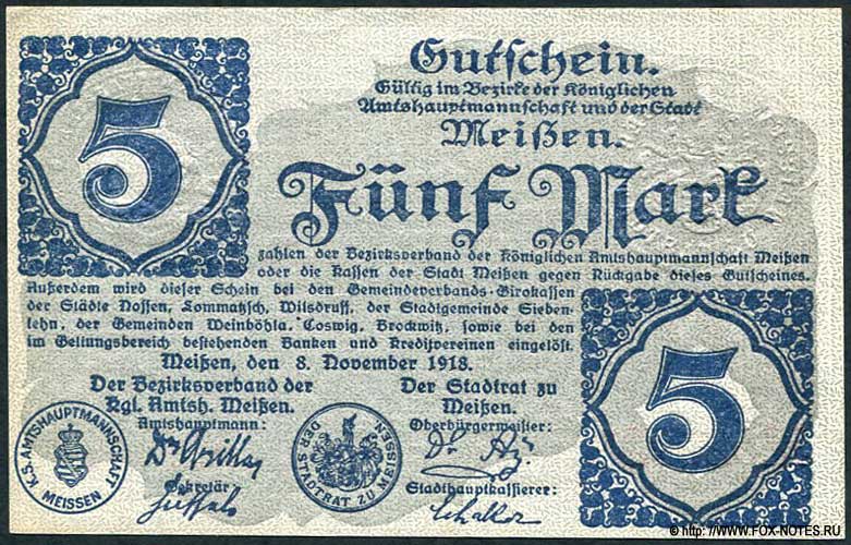 Amtshauptmannschaft Meißen 5 Mark 1918