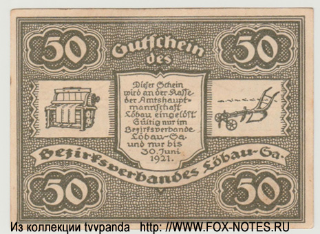 Gutschein des Bezirkverband Löbau. 50 Pfennig 1921.