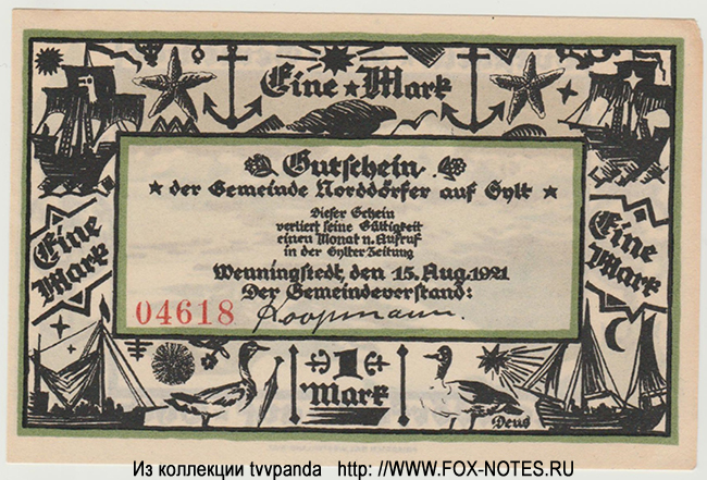 Gemeinde Wenningstedt Gutschein. 1 Mark. 15. August 1921.