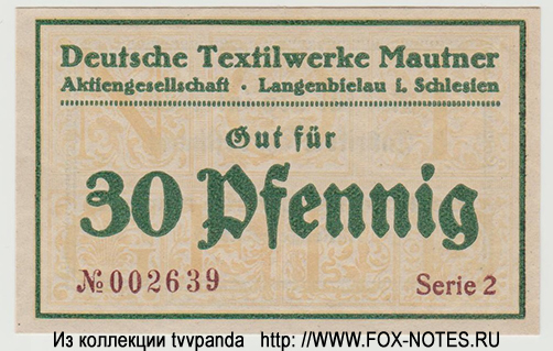 Deutsche Textilwerke Mautner A.G. Langenbielau i Schlesien 30 Pfennig