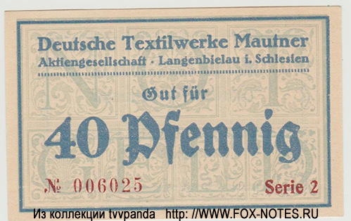 Deutsche Textilwerke Mautner A.G. Langenbielau i Schlesien 40 Pfennig