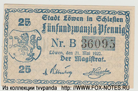 Stadt Löwen in Schlesien 25 pfennig 1920