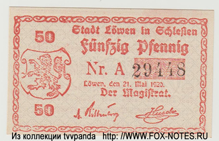 Stadt Löwen in Schlesien 50 pfennig 1920