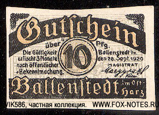 Stadt Ballenstedt 10 Pfennig 1921 Notgeld