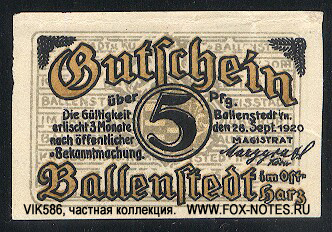 Notgeld Stadt Ballenstedt. 5 Pfennig 1921