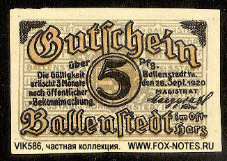 Notgeld Stadt Ballenstedt. 5 Pfennig 1921