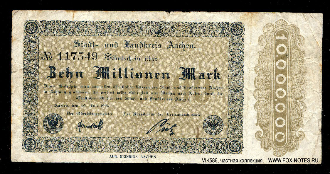 Stadt- und Landkreis Aachen 10 Millionen Mark 1923