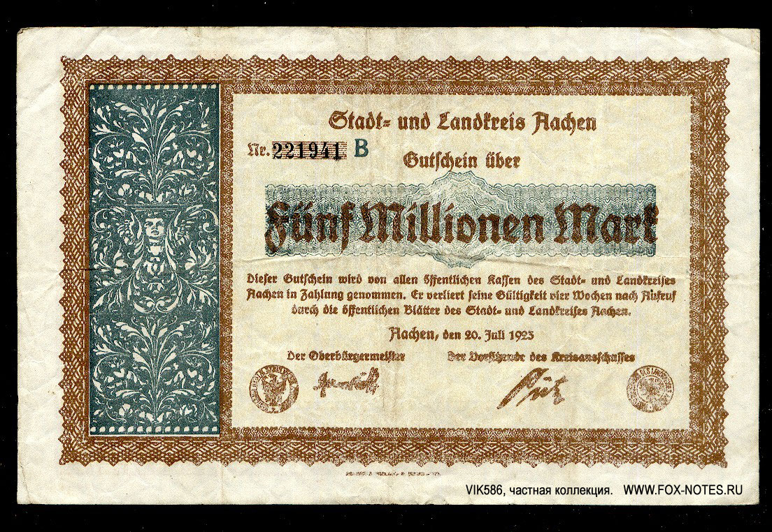 Stadt- und Landkreis Aachen 5 Millionen Mark 1923