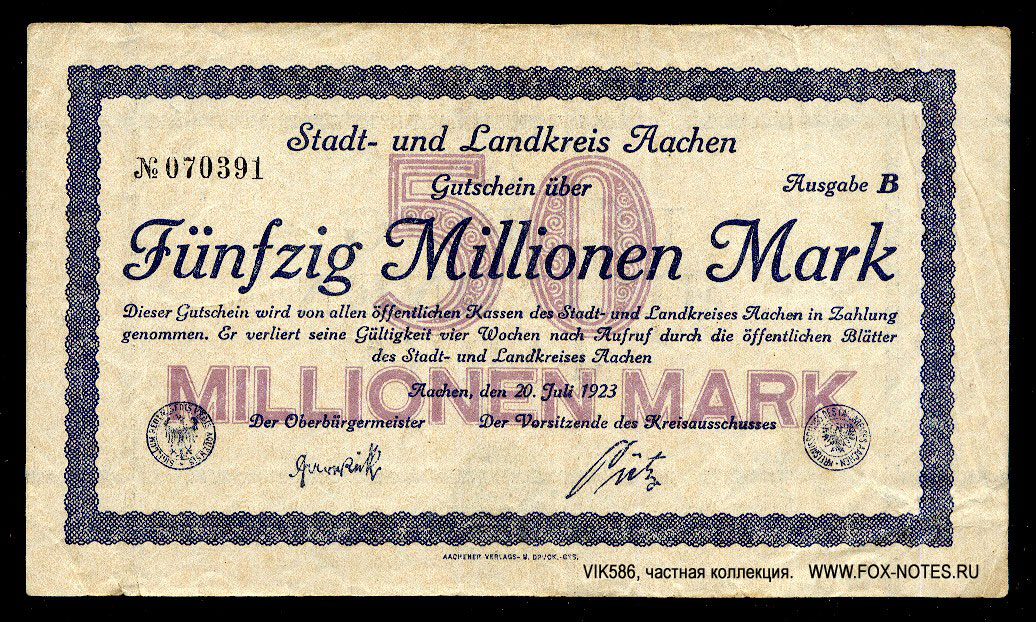 Stadt- und Landkreis Aachen 50 Millionen Mark 1923
