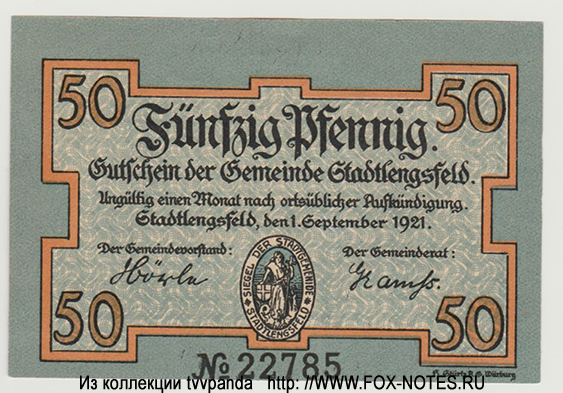 Gutschein der Gemeinde Stadtlengsfeld. 50  1921.