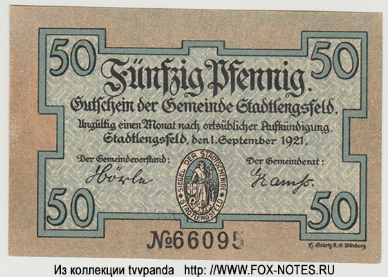 Gutschein der Gemeinde Stadtlengsfeld. 50  1921.