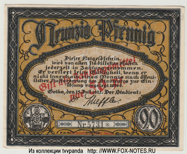 Notgeldschein.  der Stadt Gotha. 90 Pfennig 1921