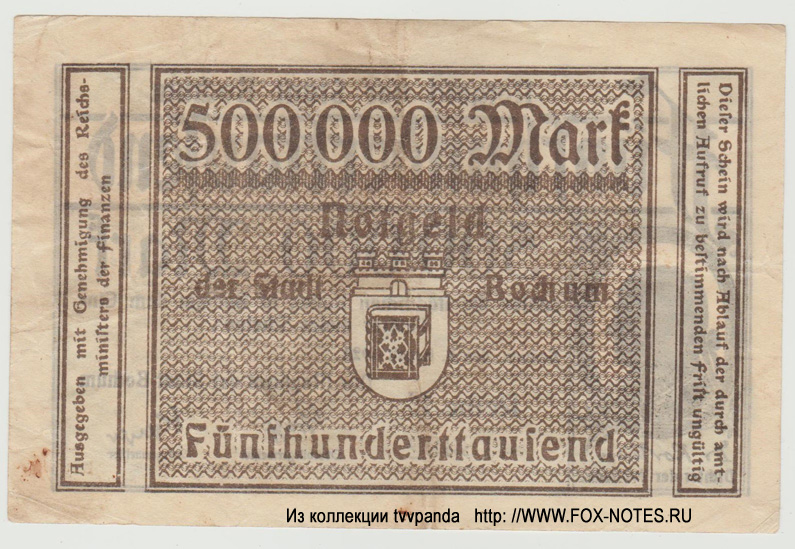 Notgeld der Stadt Bochum. 500000 Mark. 6. August 1923.