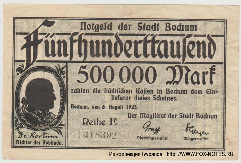 Notgeld der Stadt Bochum. 500000 Mark. 6. August 1923.