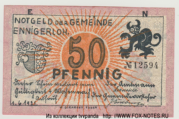 Notgeld der Gemeinde Ennigerloh. 50 Pfennig 1921