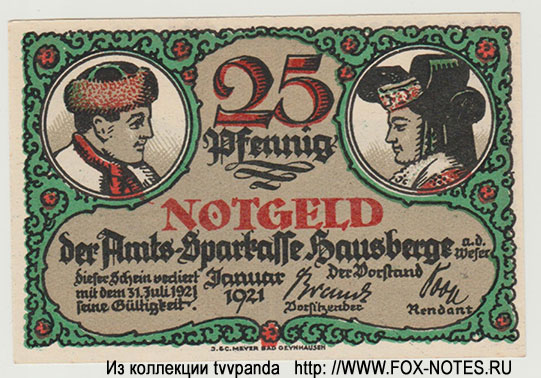 Notgeld der Amts-Sparkasse Hausberg. 25 Pfennig 1921.