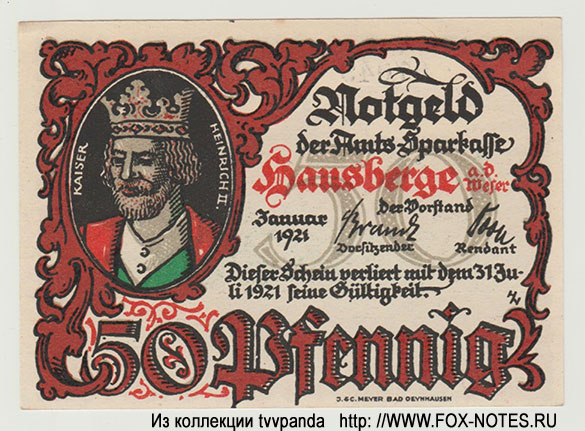 Notgeld der Amts-Sparkasse Hausberg. 50 Pfennig 1921.