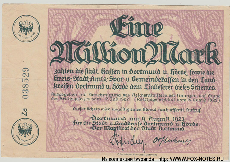 Der Stadt und Landkreis Dortmund und Hörde 1 Million Mark 1923