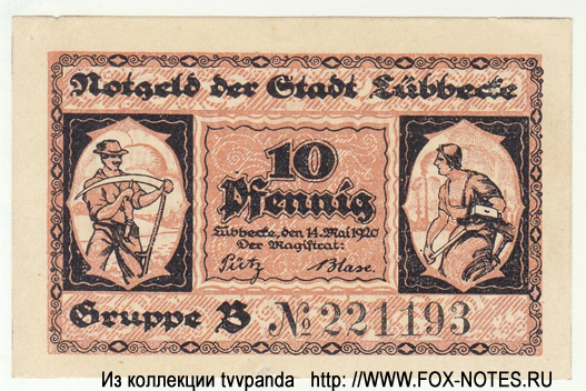 Notgeld der Stadt Lübbecke. 10 Pfennig. 14. Mai 1920.