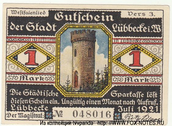 Gutschein der Stadt Lübbecke. 1 Mark 1921.