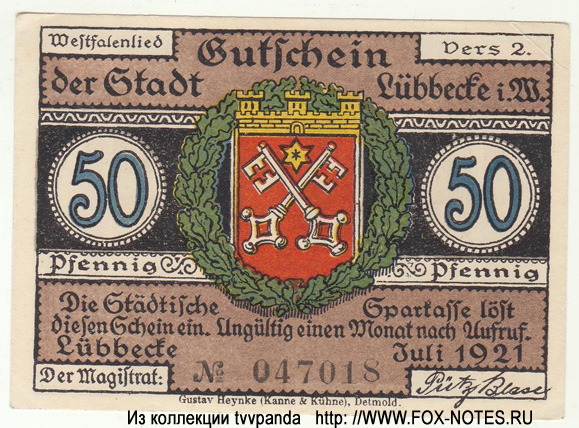 Gutschein der Stadt Lübbecke. 50 Pfennig. 1921.