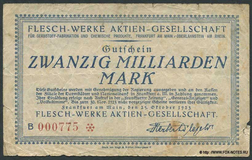 Flesch-Werke AG 20 Milliarden Mark 1923