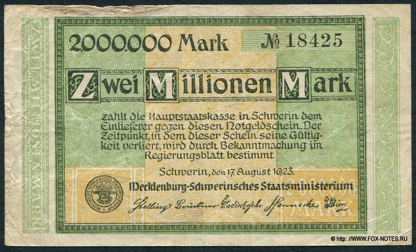 Mecklenburg-Schwerinisches Staatsministerium  2 Millionen Mark 1923