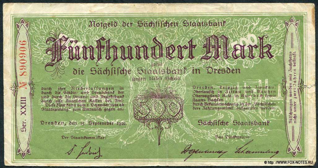 Notgeld der Sächsische Staatsbank. 500 Mark. 15. September 1922.