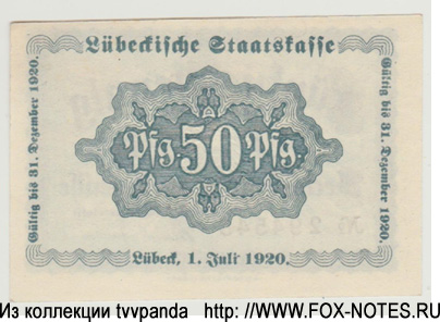 Lübeckische Staatskasse 50 Pfennig. 1920.