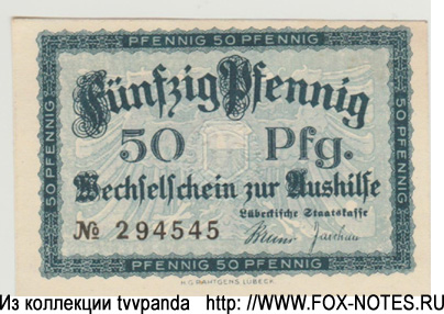 Lübeckische Staatskasse 50 Pfennig. 1920.